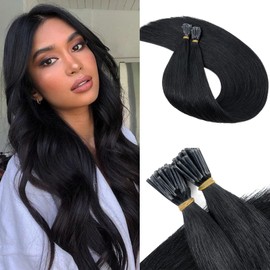 Benehair I Tip Hair Extensions, 100% Real Remy Human Hair Extensions, 16 Inches Stick Tip Keratin Hair Extension 1g/s, 50g/Pack Human Hair Extension for Thinning Hair Jet Black #1