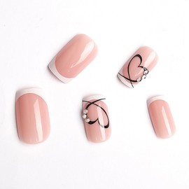 Valentine's Day Press on Nails, French Tip Medium Square Fake Nails Black Line Heart Rhinestone Design Nude Color Press on Nails Stick On Nails Glue On Nails for Women and Girls Valentine Gift 24Pcs