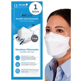 Air Ease FFP2 Masken 1 Stück, Fischform, weiß, CE 2233 zertifiziert, einzeln verpackt, atmungsaktiver Mundschutz und Atemschutzmaske, ohne Ventil