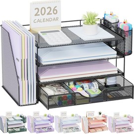 gianotter Organizadores de escritorio y accesorios con soporte para archivos, accesorios de escritorio de 4 niveles y organizadores de espacio de...  
