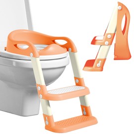 kimitimi Potty Training Seat with Step Stool Ladder, Adjustable Foldable Potty Seat for Toilet with Anti-Slip Pads Ladder for Kids Boys Girls Toddlers - Orange