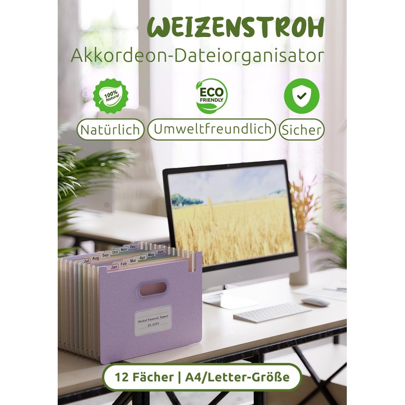 EcoStash Document Folder A4 12 Compartments, Wheat Straw Expanding Folder