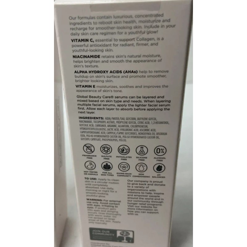 Global Beauty Care Glowing Vitamin C Facial Serum Niacinamide AHA's