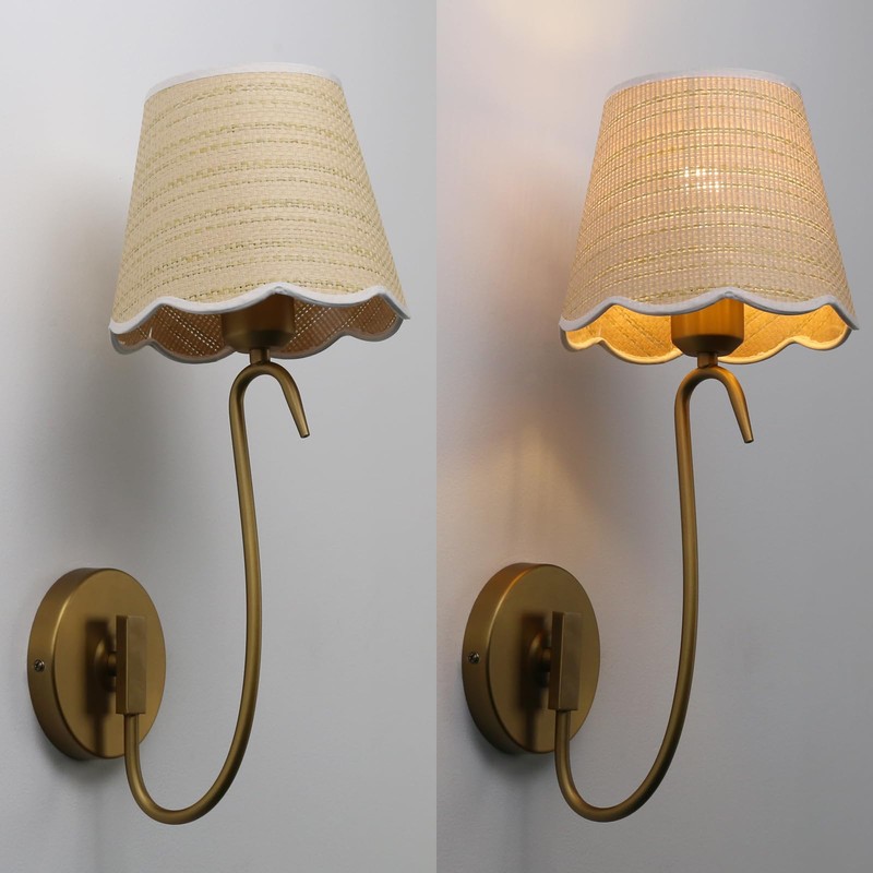 JIMUBEAM Swan Neck Vintage Brass Wall Sconce 1-Light with Rattan