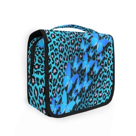 pnyoin Hanging Toiletry Bag for Women Blue Leopard Butterfly Print Makeup Bag Travel Essentials Toiletries Organizer Bag Cheetah Print Cosmetic Bag Foldable