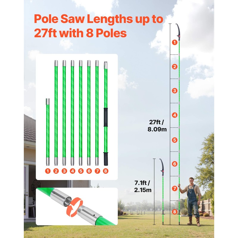 VEVOR Manual Pole Saw, 3.87-27 ft Extendable Pole Tree Pruner,