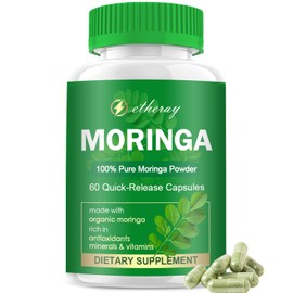 etheray Moringa Capsules, Pure Moringa Powder 800mg per Serving - Rich in Antioxidants Multi Minerals & Vitamins | Green Superfood - Supports Energy, Skin Health, Gut Health - 60 Capsules
