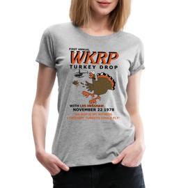 Spreadshirt WKRP Turkey Drop with Les Nessman Thanksgiving Women’s Premium T-Shirt, S, Heather Gray
