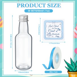 Jingmore 30 Pack 1.7oz Mini Liquor Bottles 50ml Plastic Alcohol Bottle with Cap, Labels, Ribbon for Party Supplies(Bachelorette Party,Light Blue)