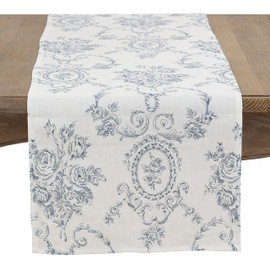 SARO LIFESTYLE Veronique Collection Toile Floral Table Runner, 16”x54”, Indigo