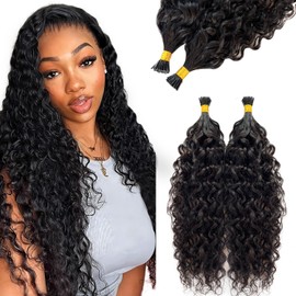 I Tip Human Hair Extensions 22 Inch Natural Black Water Wave Keratin Hair Extension Real Human Hair I Tips for Black Women Natural Color Cold Fusion Water Wave I-tip Extensions 50 Strands 50Grams