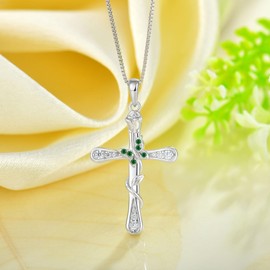 CARICY Cross Necklace for Women 925 Sterling Silver Butterfly Jewelry May Emerald Birthstone Pendant Necklace for Mother's Day or Birthday