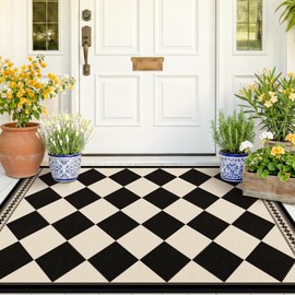 Black and White Diamond Outdoor Easy Jute Front Porch Rug 3x5, Washable Non-Slip Checkered Entryway Rug, Modern Farmhouse Boho Low Pile Indoor Beige White Carpet for Living, Kitchen, Mudroom, Laundry