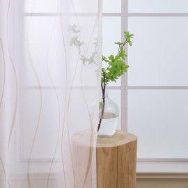 L.Z.E Beige and White Sheer Curtains for Living Room 90 Drop Pencil Pleat Light Beige Wave Pattern Curtains & Drapes for Bedroom 225 cm Long Transparent Linen Look Window Sheers 2 Panels Set
