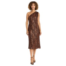 Maggy London Women's One-Shoulder Sequin Midi Elegant Fitted Silhouette-Special Occasion Cocktail Dress, Brown