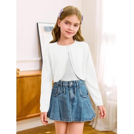 Girls Long Sleeve Bolero Cardigan Sweater Kids Cute Button Knit Shrug Cropped Sweaters Tops White