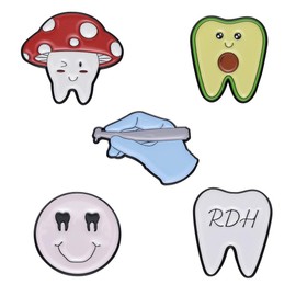 4Pcs Cute Tooth Shaped Enamel Pin Cartoon Avocado Mushroom Teeth Lapel Brooches Protect Teeth Pins Set Dentistry Badge Pin Kids Children Jewelry Gift Badges for Clothing Backpack Hat Accessory