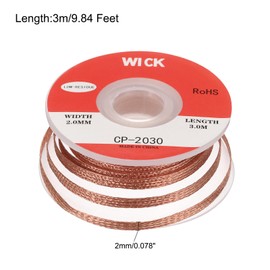 sourcing map Solder Wick Braid No-Clean Desoldering Wick Braid 0.08 Inch Width 10 Feet Length for Remove The Solder Electrical Components 1 Pack