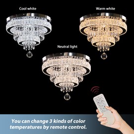 Finktonglan 16" Crystal Ceiling Light, Modern Crystal Chandeliers with Remote Control, LED 2 Rings Flush Mount Ceiling Light Fixture for Bedroom Dining Room Living Room (Dimmable)