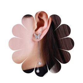 Yheakne Vintage CZ Butterfly Chain Earrings Silver Crystal Butterfly Earrings Long Chain Tassel Earrings Tiny Crystal Drop Earring Jewellery for Women and Girls