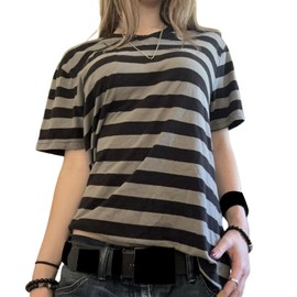 Women Y2k Gothic Striped Tees Short Sleeve Crew Neck Casual Loose Grunge Top Aesthetic Emo Clothes (Stripe-Gray, S)