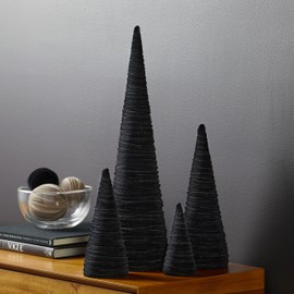 Black Velvet Cones Set of 4, Mantel decor, Holiday Entryway, Black and White Minimalist, Wedding Centerpiece, Tree Figurines (Black)