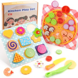 YnewL Children's Kitchen Accessories Pizza Set Wood - 37-Piece Pizza Play Kitchen Accessories, Children's Kitchen Accessories, Educational Role Play Educational Toy Gift