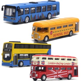 OTONOPI Bus Toys Pull Back School Bus Double Decker London Vehicles City Sightseeing Tour Bus Die Cast Metal Toy Cars Friction Powered Play Vehicle Toy Set for Kids 4 Pack