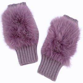Flammi Women Wool Knit Fingerless Gloves Furry Mittens Wrist Warmers, Lavender