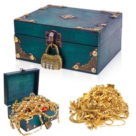 Forbabe Wooden Treasure Chest Box with Lock 15 x 12 x 8 cm Vintage Wooden Chest Storage Pirate Box Children's Birthday for Storage and Decorating Gifts