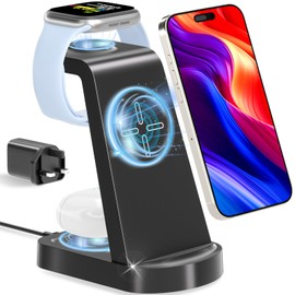 Wireless Charger 3 in 1, bakibo Wireless Charging Station Dock Stand for i Phone 16/15/14/13/12/11 Watch 10/9/8/7/6 Pro Max Plus, Air-Pods 3/2/1/pro (with Adapter), Black