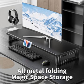 GECKOSTROLL All-Metal Foldable Monitor Stand ,long760mm， 80kg Heavy-Duty Ergonomic Desk Riser, Collapsible Space-Saving Design, Detachable Phone Holder & Anti-Slip Base for Home Office Stability