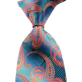 Geotae Zerun New Classic Striped Check Paisley JACQUARD WOVEN Silk Men's Tie Necktie (Turquoise/Orange)