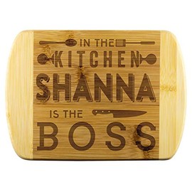 Mom To Be Gifts - In The Kitchen Shanna Is The Boss - Mothers Day Gifts, Gift Ideas For Mom, Funny Cutting Board Engraved Bamboo Chopping Block, Bamboo Engraved Cutting Board