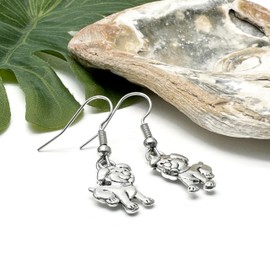 Puppy Dog Charm Earrings, Tibetan Silver Charms on Nickel Free Silver Tone Hooks : 34mm long, Funny Gift for Women, Pet Owner Jewellery, Animal Lover Drop Earrings