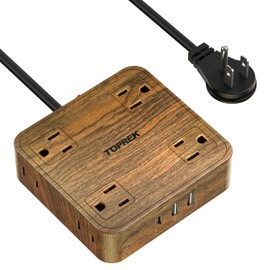 TOPREK Power Strip Surge Protector (1080J), 8 Widely-Spaced Outlets with 1 USB-C & 2 USB-A, Wood Finish Power Strip with USB for Home, Office, Dorm, Travel, 5 FT Extension Cord with Flat Plug