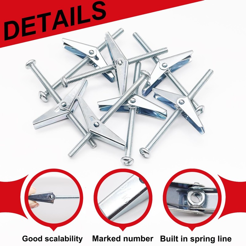 Bemaka 92Pcs 3/16 Inch Toggle Bolts for Drywall, Butterfly Anchors
