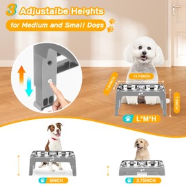 Elevated Dog Bowls for Small Medium Dogs 3 Height Adjustable Raised Dog Bowl Stand with 2 Thick 6" Stainless Steel Dog Food Bowls Non-Slip Dog Feeder Adjusts to 2.75", 6", 7.5", Grey