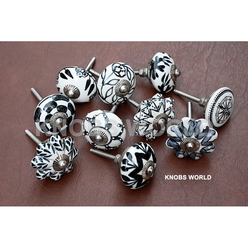 KNOBSWORLD Set of 10 Black & White Ceramic knobs Cabinet