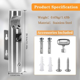 Wall Mounted Ashtray for Outdoors, Ashtray Stainless Steel Wall Ashtray with Lock for Patio, Restaurant, Hotel