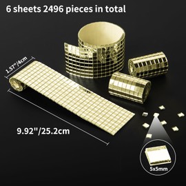 Art3dwallpanels 6 Pack Self-Adhesive Glass Mirror Mosaic Tiles 2364 Pieces Small Square Mirror Tiles Sticker for DIY Craft Decoration, Disco Ball Gold