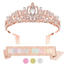 Rose Gold Birthday Sash, Tiara, and Princess Crown Set with Headband for Women and Girls - Birthday Decorations