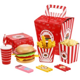 TOYANDONA Wooden Fast Food Burger Fries Deluxe Dinner Set, Kitchen Pretend Play Accessories Toy, Realistic Burger Fries Pretend Play Food Set Toy House Props Educational