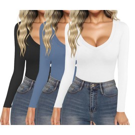 Ekouaer 3 Pack Long Sleeve Shirts for Women Deep V Neck Basic Thermal Tops Base Layer Undershirts Black/White/Dusty Blue M
