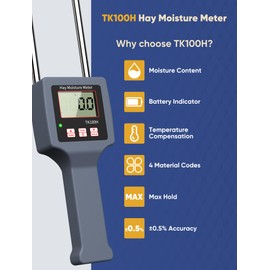 Hay Moisture Tester with Probe Accurate Moisture & Temperature Detection, Portable Hay Bale Moisture Tester for Forage and Alfalfa, with LED Warning & Automatic Temperature Compensation Moisture Meter
