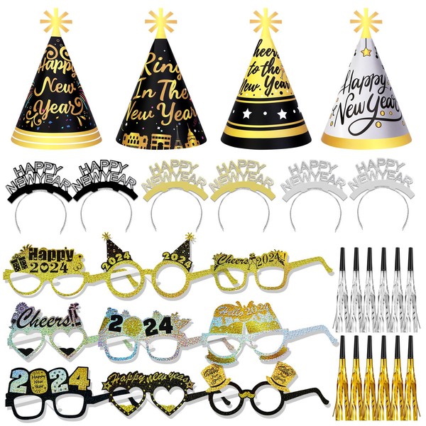HOWAF Happy New Year Party Kit, 2024 New Year Decoration Favors - Happy New Year Headband New Year Eyeglasses New Year Top Hats New Year Fringed Noisemaker for New Year's Eve Party Supplies, 44 Pcs