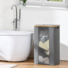 ELONG HOME Laundry Basket, 100L Grey Collapsible Laundry Baskets with Removable Liner and Bamboo Handle, Laundry Basket with Lid for Bathroom, Bedroom & Laundry Room