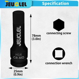 JEUCLEL 2Pcs 14mm Hex Impact Bit Socket, H14 1/2-Inch Impact Drive Allen Socket, Cr-Mo Steel Lengthen Hex Screwdriver Adapter for Electric Ratchet Wrenches Fastening Screws