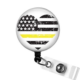 Thin GOLD LINE Badge Reel, First Responder Retractable ID Badge Reel, Yellow Line Badge Reel, 911 Police Dispatcher Gold Line Flag Badge Clip