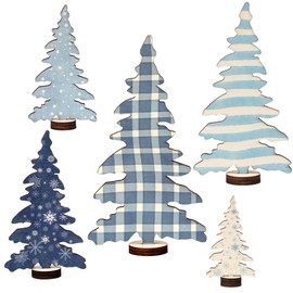 5 Pcs Wooden Christmas Tree Tabletop Decorations, Winter Tiered Tray Decor for Table Shelf Mantel (Winter Snow)